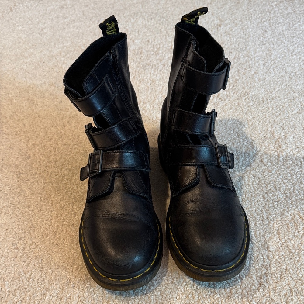 Dr. Martens Black Leather Buckle Ankle Boots with Yellow Stitching